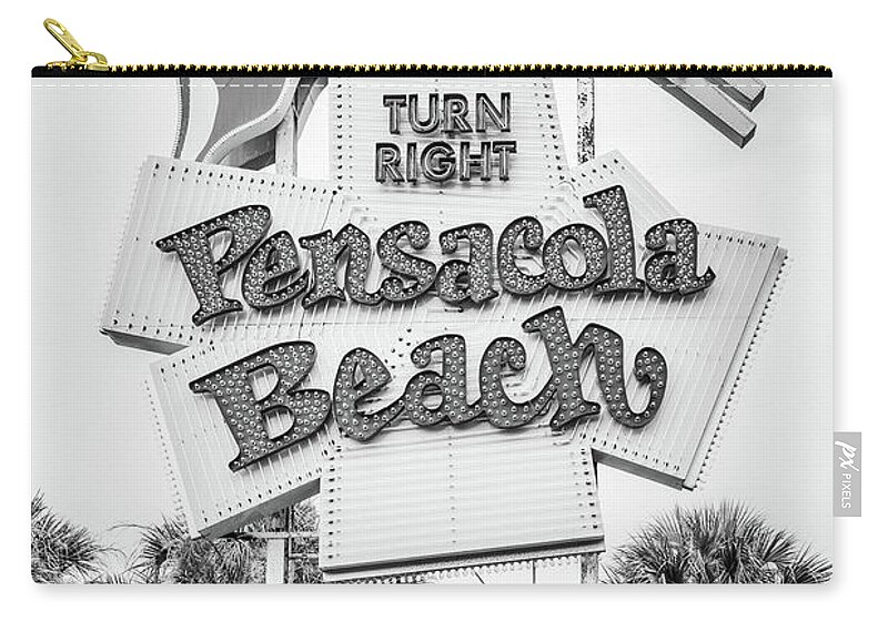 America Zip Pouch featuring the photograph Landmark Pensacola Beach Sign Black and White Photo by Paul Velgos