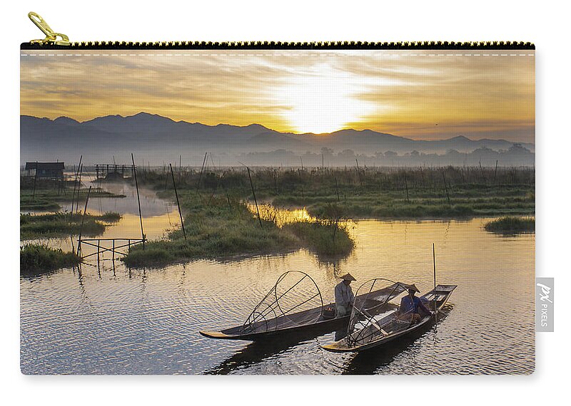 Fisherman Zip Pouch featuring the photograph landscape of sunrise on Lake Inle, Myanmar by Ann Moore