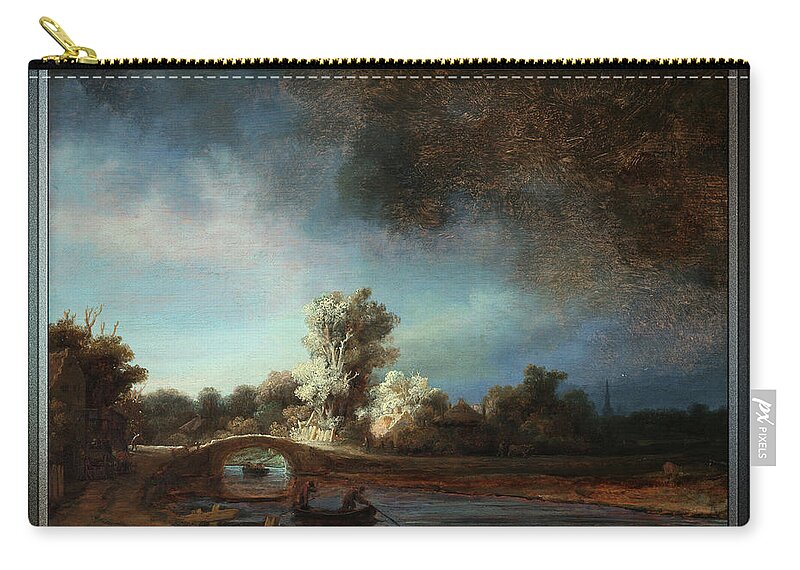 Landscape With A Stone Bridge Carry-all Pouch featuring the painting Landscape with a Stone Bridge by Rembrandt van Rijn by Rolando Burbon