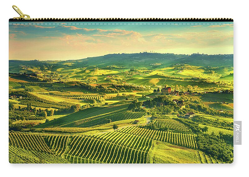 Vineyards Zip Pouch featuring the photograph Langhe vineyards sunset panorama, Grinzane Covour, Piedmont, Ita by Stefano Orazzini