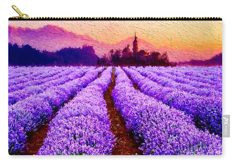 Original Composition By Breenabriggemanart ©2019 Lavender Fields Castle Sunset Sunrise Bright Colorful Whimsical Contemporary Art Wall Canvas Acrylic Painting Prints Wood Metal Tote Bags Yoga Mats Framed Giclee Gallery Towels Shower Curtains Duvet Cover Pillows Living Dining Bedroom Bathroom Business Office Zip Pouch featuring the mixed media Lavender Fields Forever by Breena Briggeman