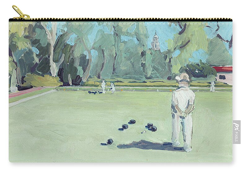 Lawn Bowling Zip Pouch featuring the painting Lawn Bowling in Balboa Park San Diego California by Paul Strahm