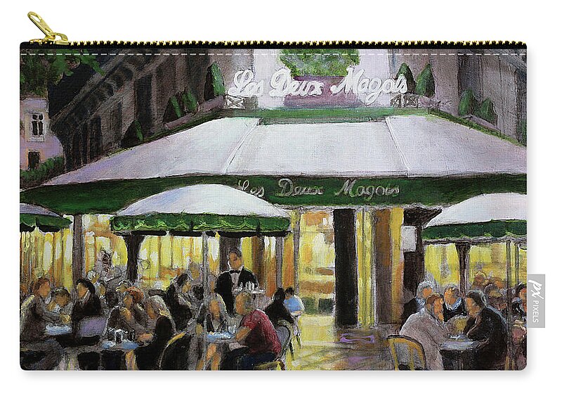 Paris Cafe Zip Pouch featuring the painting Le Deux Magots Bon Nuit by David Zimmerman