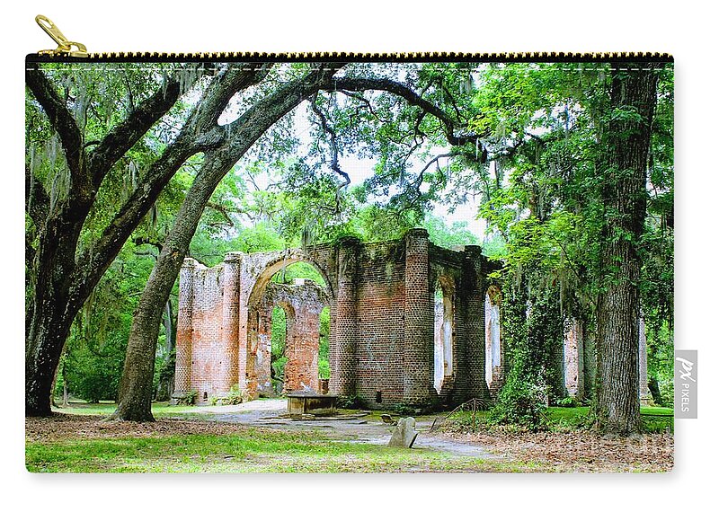 Old Sheldon Church Ruins Zip Pouch featuring the photograph Light Within Church Ruins by Carol Groenen