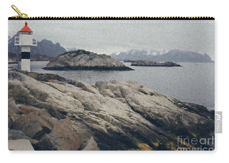 Architecture Zip Pouch featuring the photograph Lighthouse on rocks near the Atlantic coast, digital art oil pai by Joaquin Corbalan