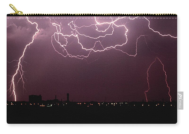 Thunderstorm Zip Pouch featuring the photograph Lightning Over City by John Foxx
