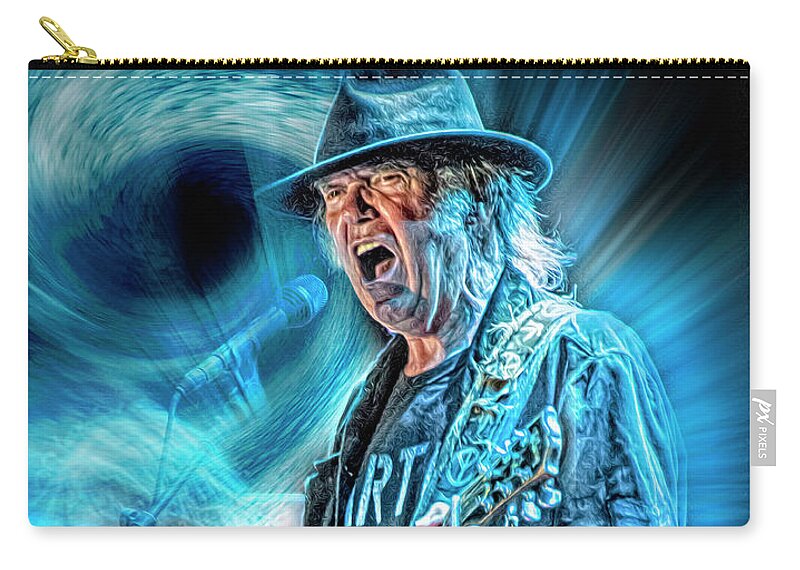 Neil Young Zip Pouch featuring the mixed media Like a Hurricane by Mal Bray