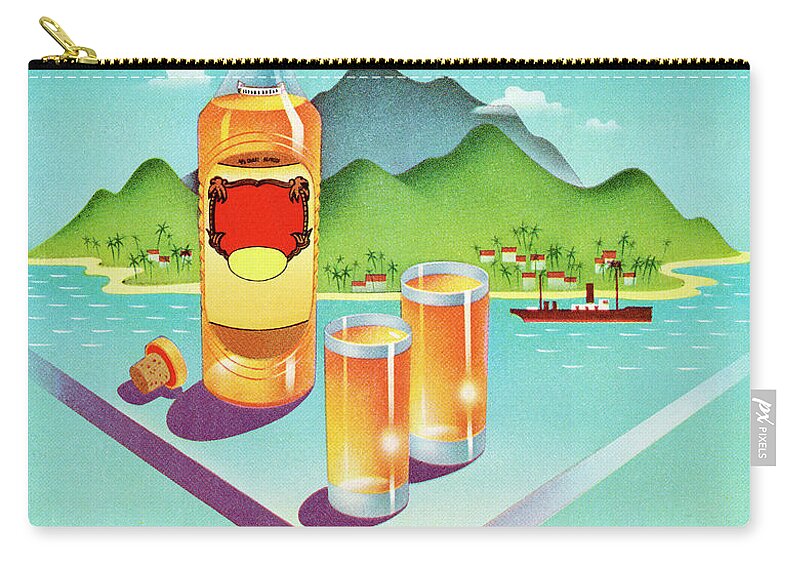 Alcohol Zip Pouch featuring the drawing Liquor Bottle and Drinks In Front Of Island by CSA Images