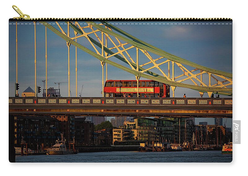 London Zip Pouch featuring the photograph London Bus on Tower Bridge by Deborah Penland