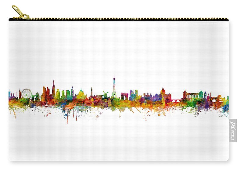 Rome Zip Pouch featuring the digital art London, Paris and Rome Skylines Mashup by Michael Tompsett