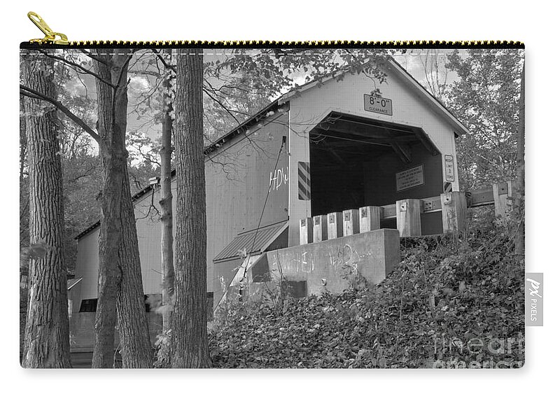 Eagleville Covered Bridge Zip Pouch featuring the photograph Looking Up At The Eagleville Covered Bridge Black And White by Adam Jewell