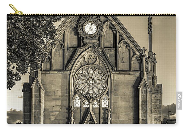 America Zip Pouch featuring the photograph Loretto Chapel of Santa Fe New Mexico - Sepia Edition by Gregory Ballos