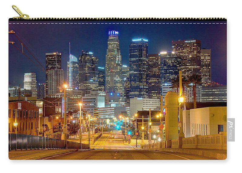 Los Angeles Skyline Zip Pouch featuring the photograph Los Angeles Skyline NIGHT from the East by Jon Holiday