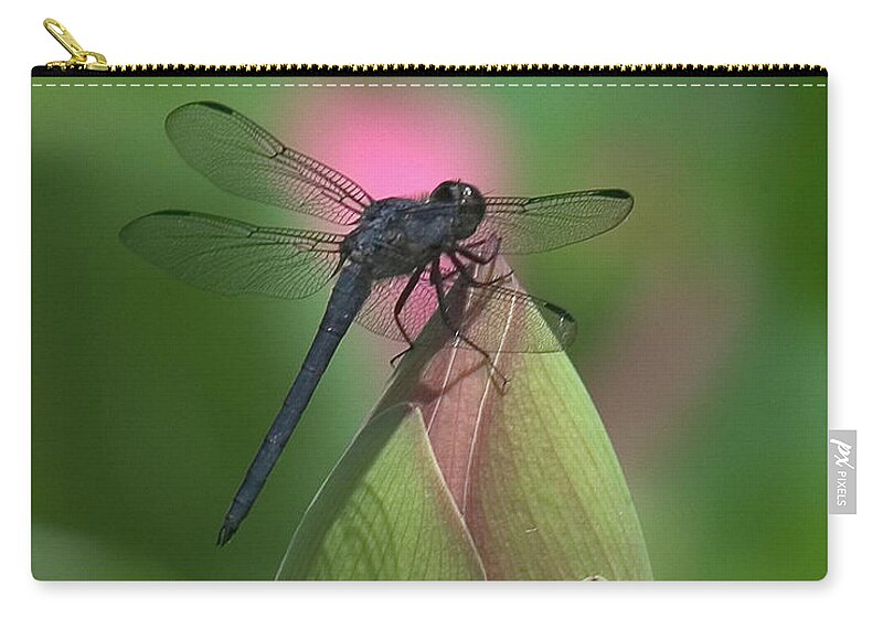 Lotus Zip Pouch featuring the photograph Lotus Bud and Slaty Skimmer Dragonfly DL0006 by Gerry Gantt