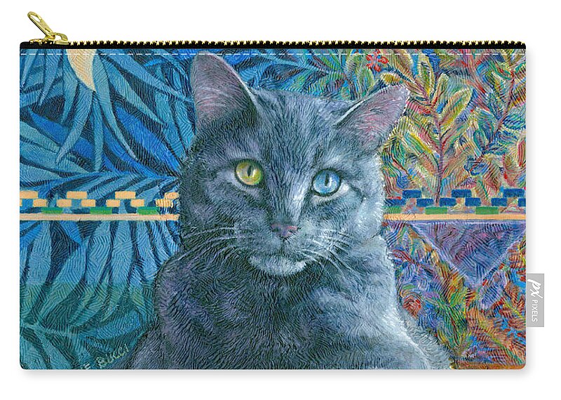 Cat Feline Moon Luna Blue Blues Colorful Portrait Ikat Gato Chat Azure Zip Pouch featuring the painting Luna Blue Cat by Jane Bucci