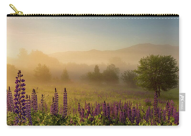 Amazing New England Artworks Zip Pouch featuring the photograph Lupine In The Fog, Sugar Hill, NH by Jeff Sinon