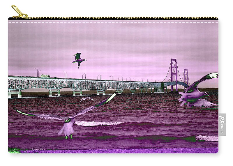 Mackinac Bridge Zip Pouch featuring the photograph Mackinac Bridge Seagulls by Tom Kelly