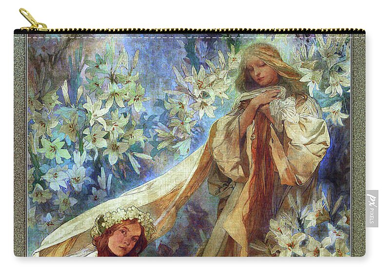 Madonna Of The Lilies Zip Pouch featuring the painting Madonna of the Lilies by Alphonse Mucha by Rolando Burbon
