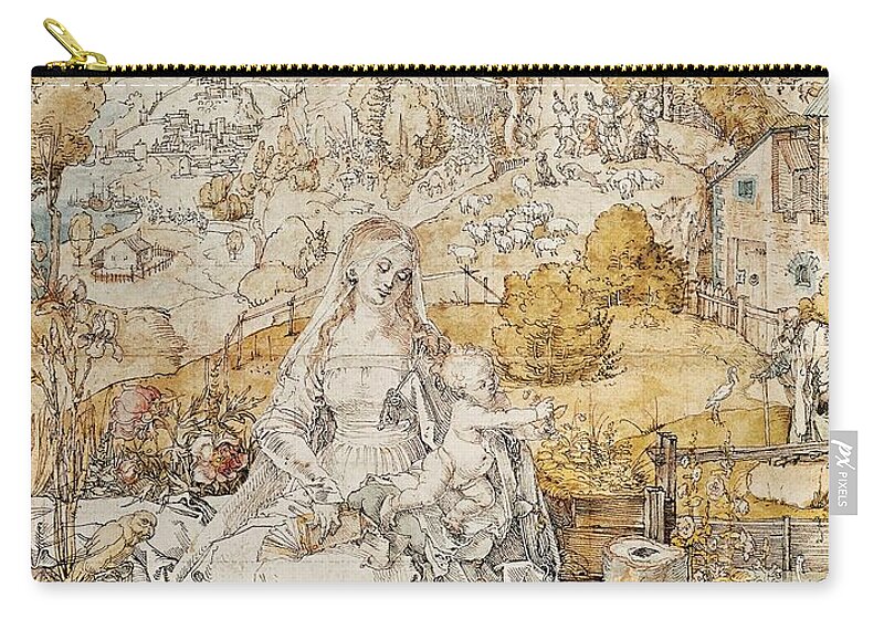 Albrecht Durer Zip Pouch featuring the painting Madonna with a Multitude of Animals. Watercolour. by Albrecht Durer -1471-1528-
