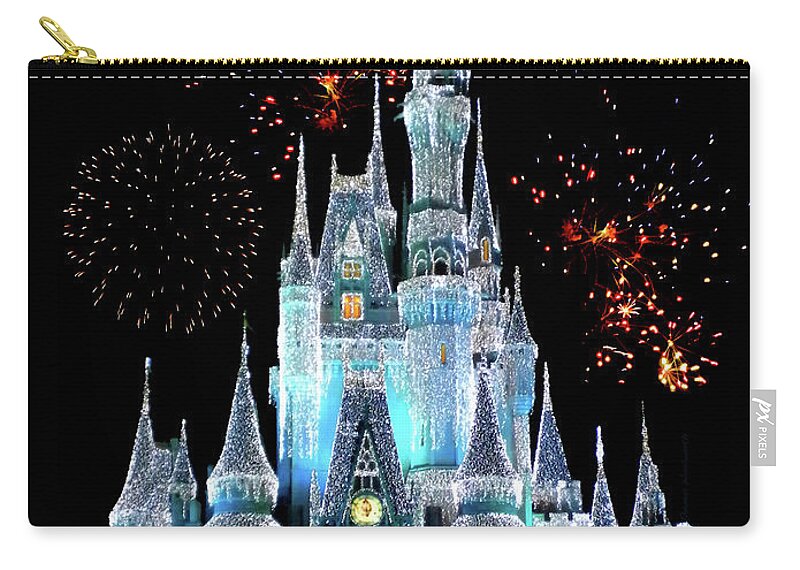 Castle Zip Pouch featuring the photograph Magic Kingdom Castle In Frosty Light Blue with Fireworks 06 by Thomas Woolworth