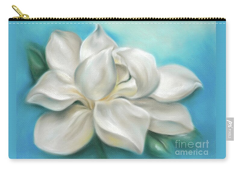 Botanical Zip Pouch featuring the painting Magnolia Grandiflora Flower on Blue by MM Anderson