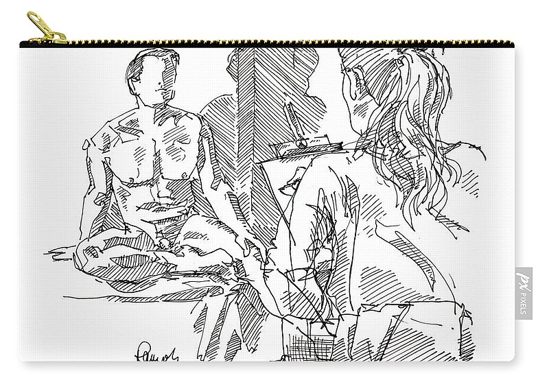 Figure Drawing Carry-all Pouch featuring the drawing Male Figure Drawing Sitting Pose And Artist Fountain Pen Ink by Frank Ramspott