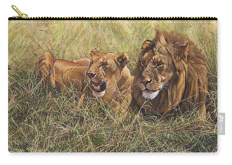 Paintings Zip Pouch featuring the painting Male Lion and Lioness Resting in the Grass by Alan M Hunt