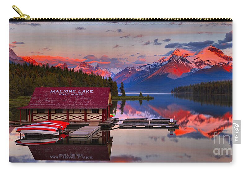 Maligne Lake Zip Pouch featuring the photograph Maligne Lake Reflection Sunset Panorama Crop by Adam Jewell
