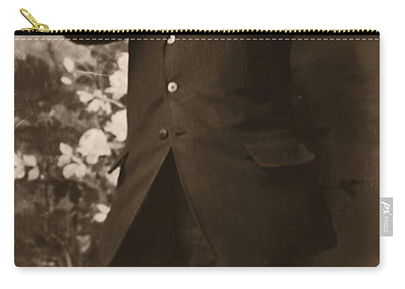 Mature Adult Zip Pouch featuring the photograph Man Catching Hat B&w Sepia Tone by Fpg