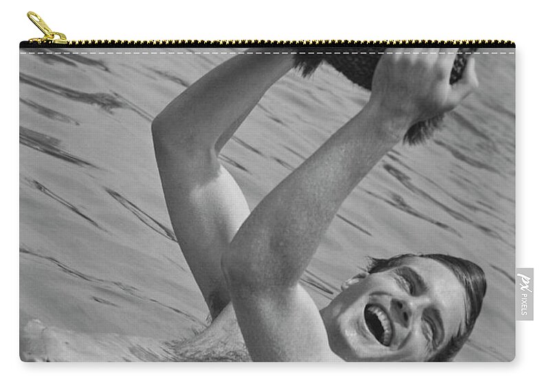 Hanging Zip Pouch featuring the photograph Man Hanging From Diving Board B&w by George Marks