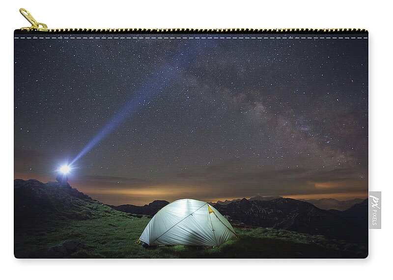Scenics Zip Pouch featuring the photograph Man Watchin The Milky Way With Led Head by Ingmar Wesemann