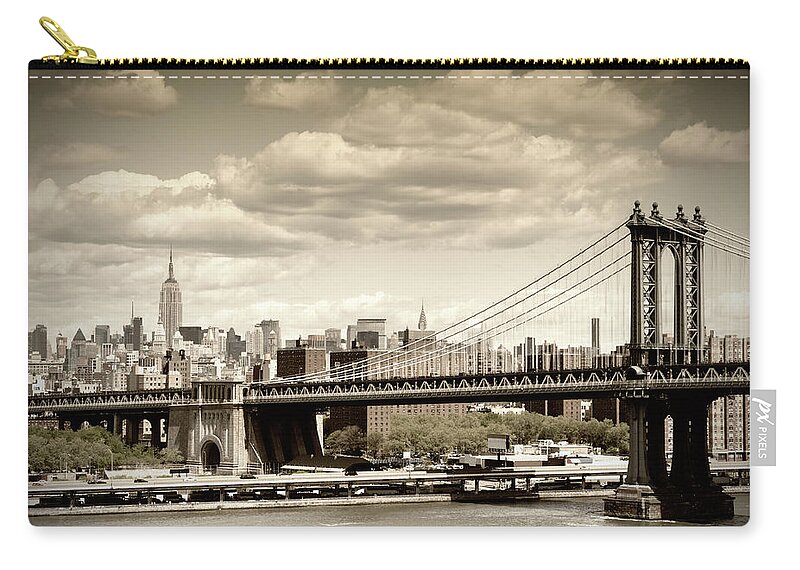 Lower Manhattan Zip Pouch featuring the photograph Manhattan Bridge, Nyc. Vintage Style by Lisa-blue