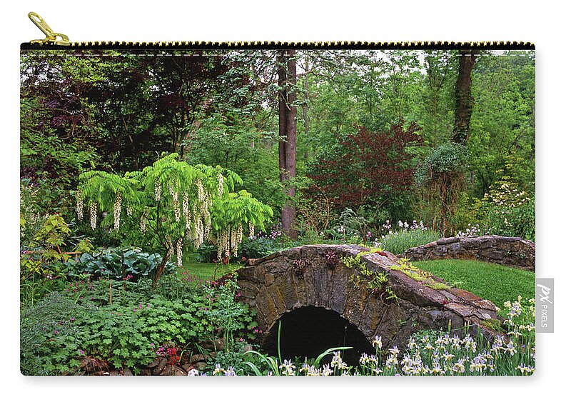 Tranquility Zip Pouch featuring the photograph Mannacured Garden & Stone Bridge by Richard Felber