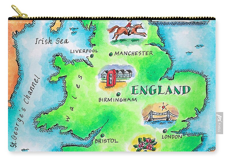 Watercolor Painting Zip Pouch featuring the digital art Map Of England by Jennifer Thermes