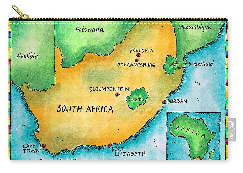 Watercolor Painting Zip Pouch featuring the digital art Map Of South Africa by Jennifer Thermes