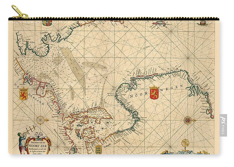 Map Of The North Sea Zip Pouch featuring the photograph Map Of The North Sea 1654 by Andrew Fare