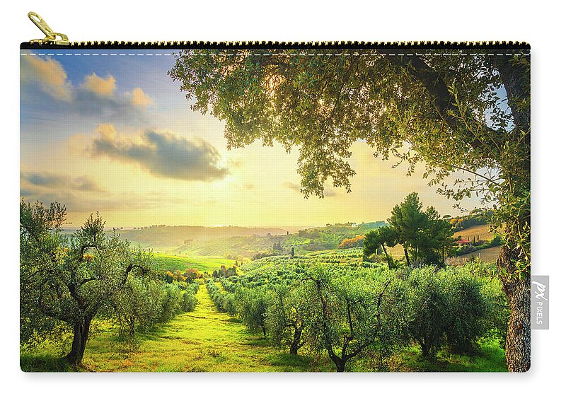 Olive Zip Pouch featuring the photograph Maremma countryside panorama and olive trees on sunset. Casale M by Stefano Orazzini