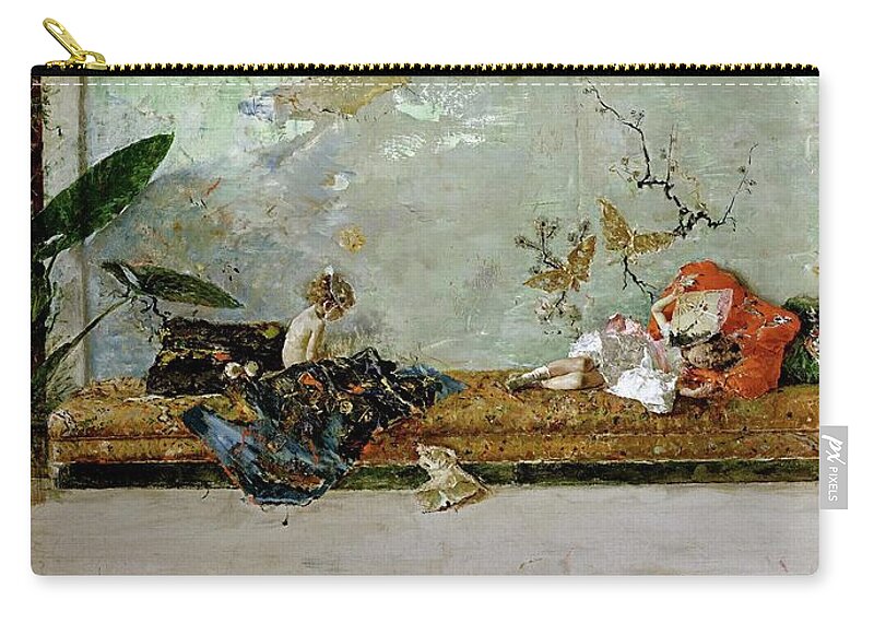 Maria Fortuny Zip Pouch featuring the painting Mariano Fortuny Marsal 'The painter's children, Maria Luisa and Mariano, in the Japanese Room',1874. by Mariano Fortuny y Marsal -1838-1874-