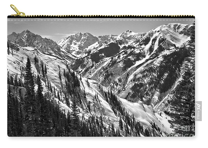 Maroon Bells Zip Pouch featuring the photograph Maroon Bells Aspen Winter Black And White by Adam Jewell