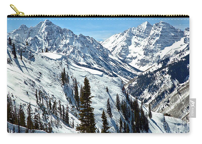 Maroon Bells Zip Pouch featuring the photograph Maroon Bells Winter Paradise by Adam Jewell