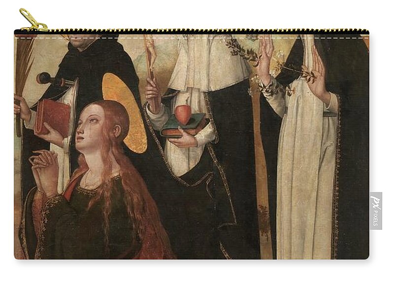 Juan De BorgoÑa Zip Pouch featuring the painting 'Mary Magdalene, Saint Peter of Verona, Saint Catharine of Sienna and Blessed M... by Juan de Borgona -c 1470-1536-