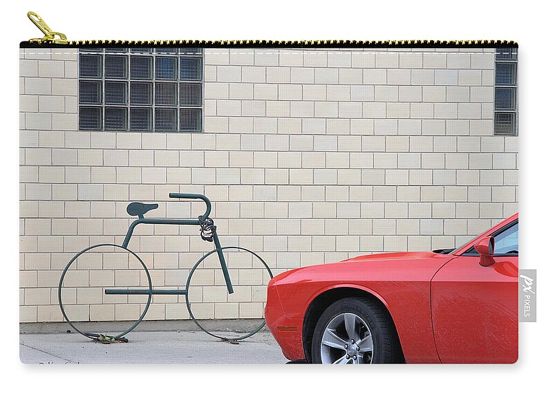 Red Car Zip Pouch featuring the photograph Maybe Bike and Red Car by Kae Cheatham