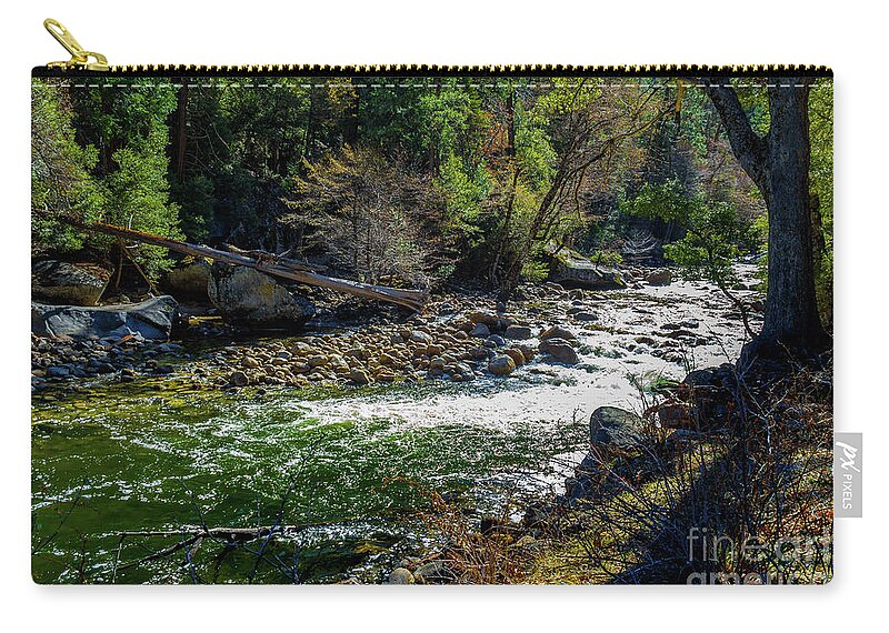 Boulders Zip Pouch featuring the photograph Merced River Flowing at Yosemite by Roslyn Wilkins