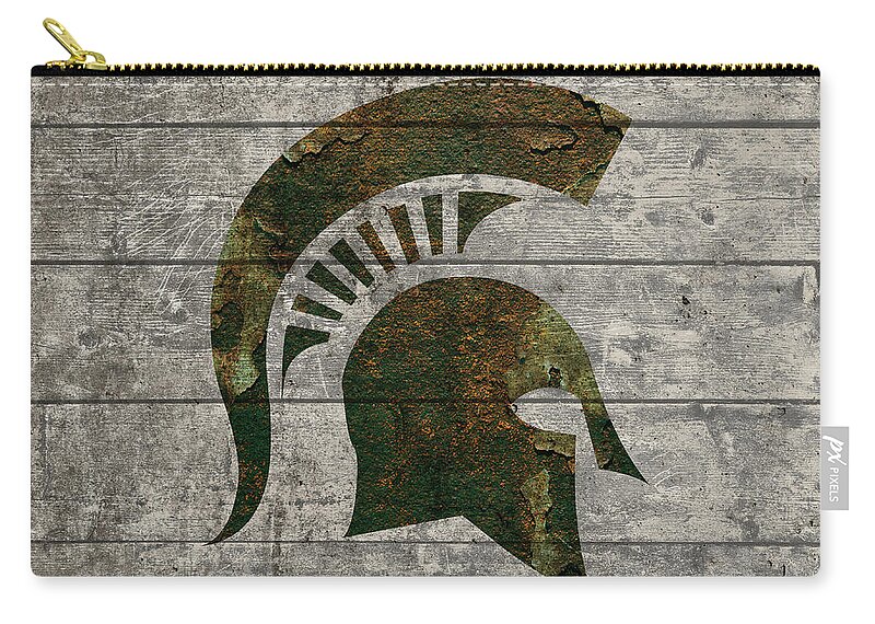 Michigan State Spartans Zip Pouch featuring the mixed media Michigan State Spartans Logo Vintage Barn Wood Paint by Design Turnpike