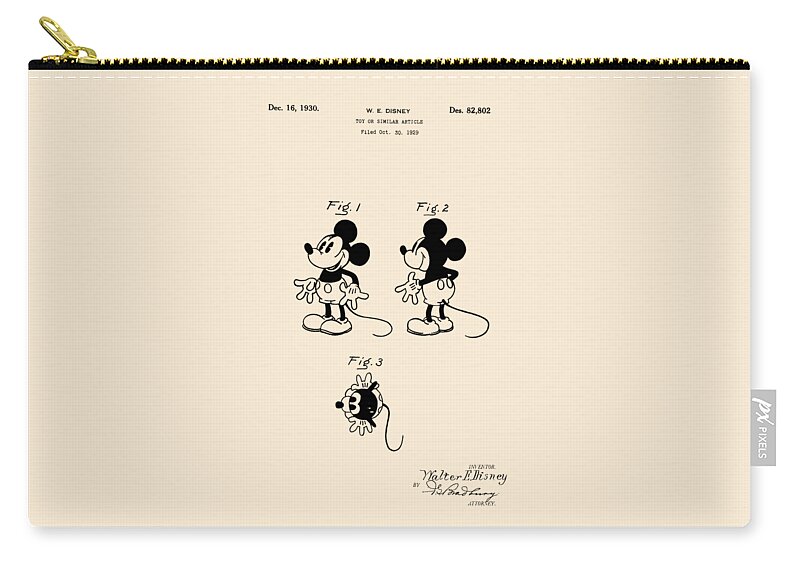 Mickey Mouse Canvas Zip Pouch featuring the digital art Mickey Mouse Patent Drawing From 1930 - Vintage Art Print, Nursery Decor, by David Millenheft