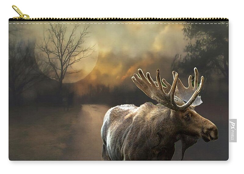 Moose Zip Pouch featuring the mixed media Moon and Moose by Janette Boyd