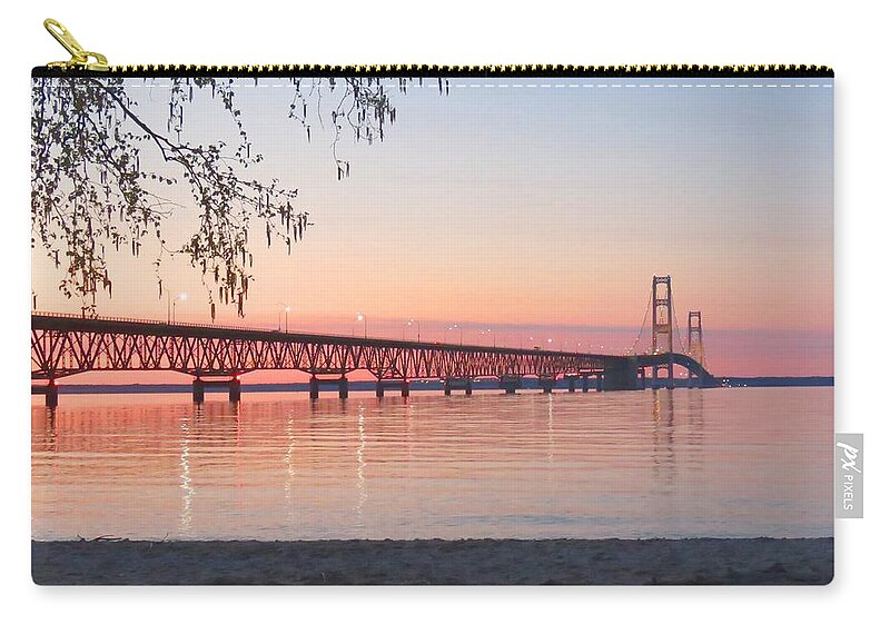 Mackinac Bridge Zip Pouch featuring the photograph Mighty Mac and Birch Tree by Keith Stokes