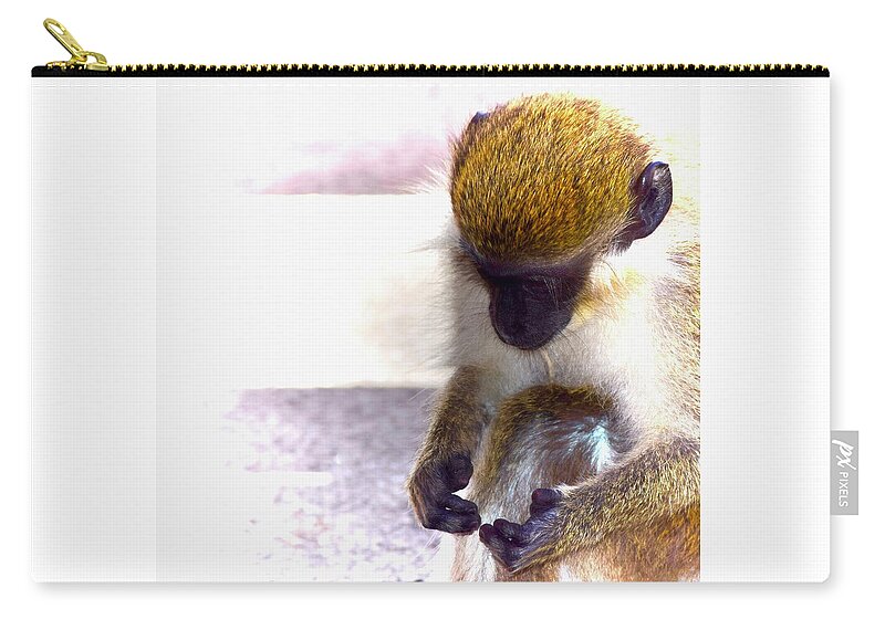 Sitting Monkey Zip Pouch featuring the photograph Mime Monkey by Debra Grace Addison