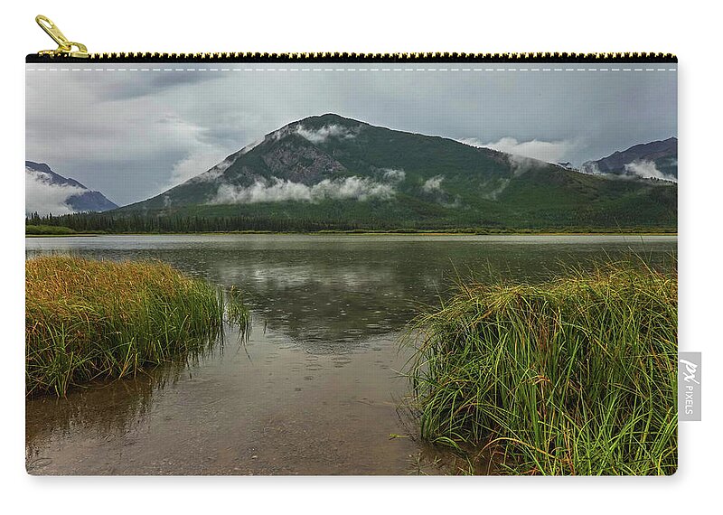 Banff Zip Pouch featuring the photograph Misty day on Vermillion Lake Banff Canada Alberta Mountain Reflection by Toby McGuire