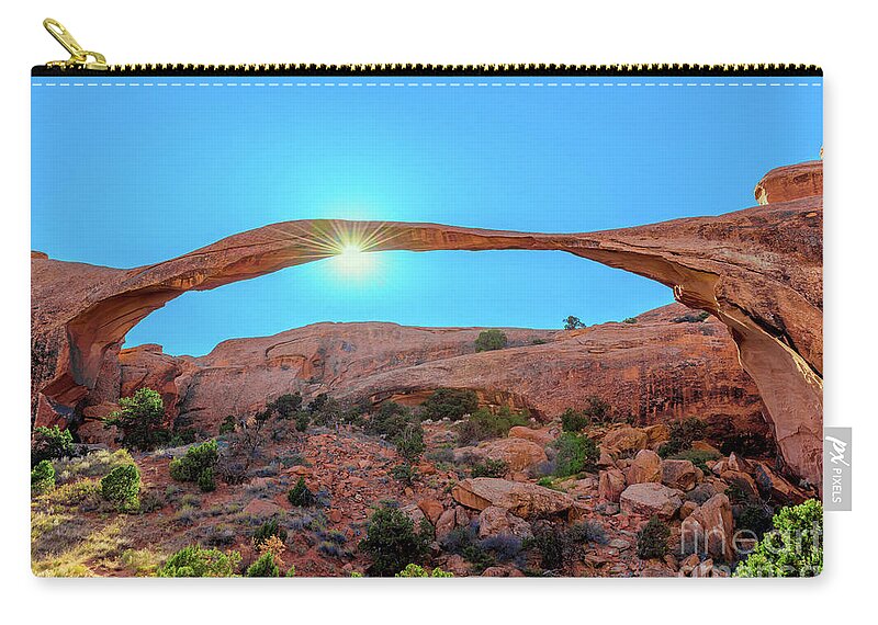 Moab Landscape Arch Zip Pouch featuring the photograph Moab Landscape Arch Sun Star by Aloha Art